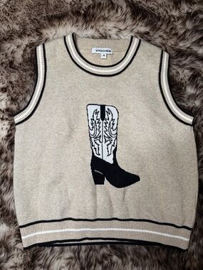 Vigoss Beige Sweater Vest with Black & White Cowboy Boot Graphic